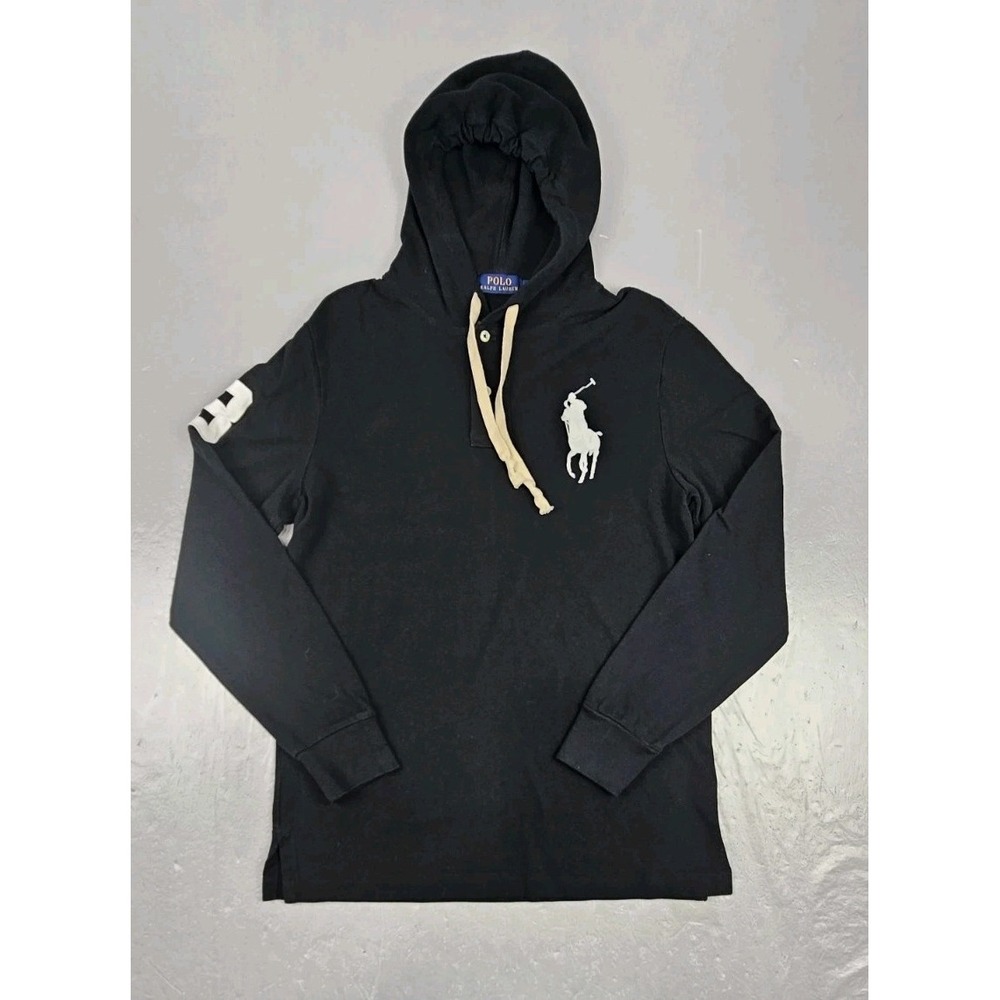 Polo Ralph Lauren Hoodie Mens Small Black Big Pony Number Pullover Cotton Mesh